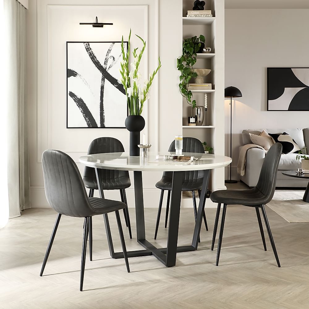 Traviso Round Dining Table & 4 Brooklyn Chairs, White Marble Effect & Black Steel, Vintage Grey Premium Faux Leather, 120cm