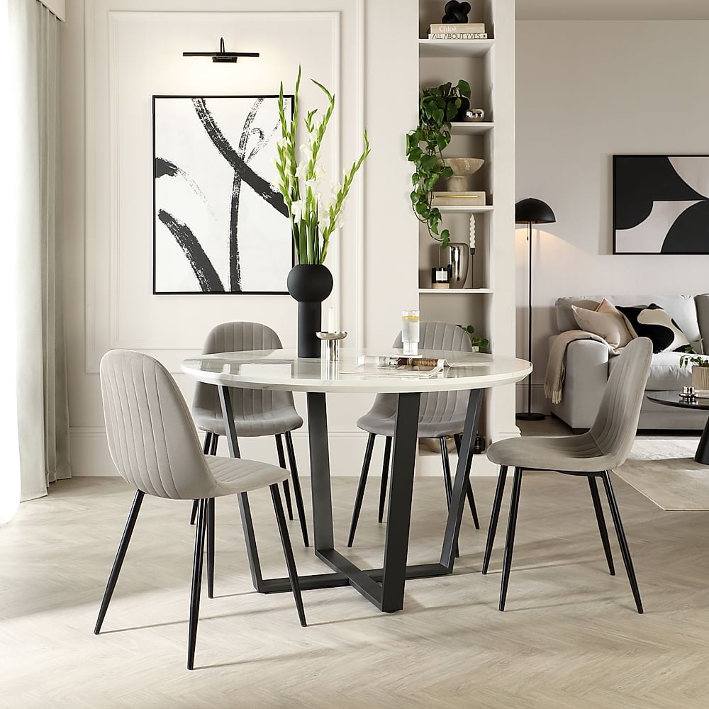 Traviso Round Dining Table & 4 Brooklyn Chairs, White Marble Effect & Black Steel, Grey Classic Velvet, 120cm