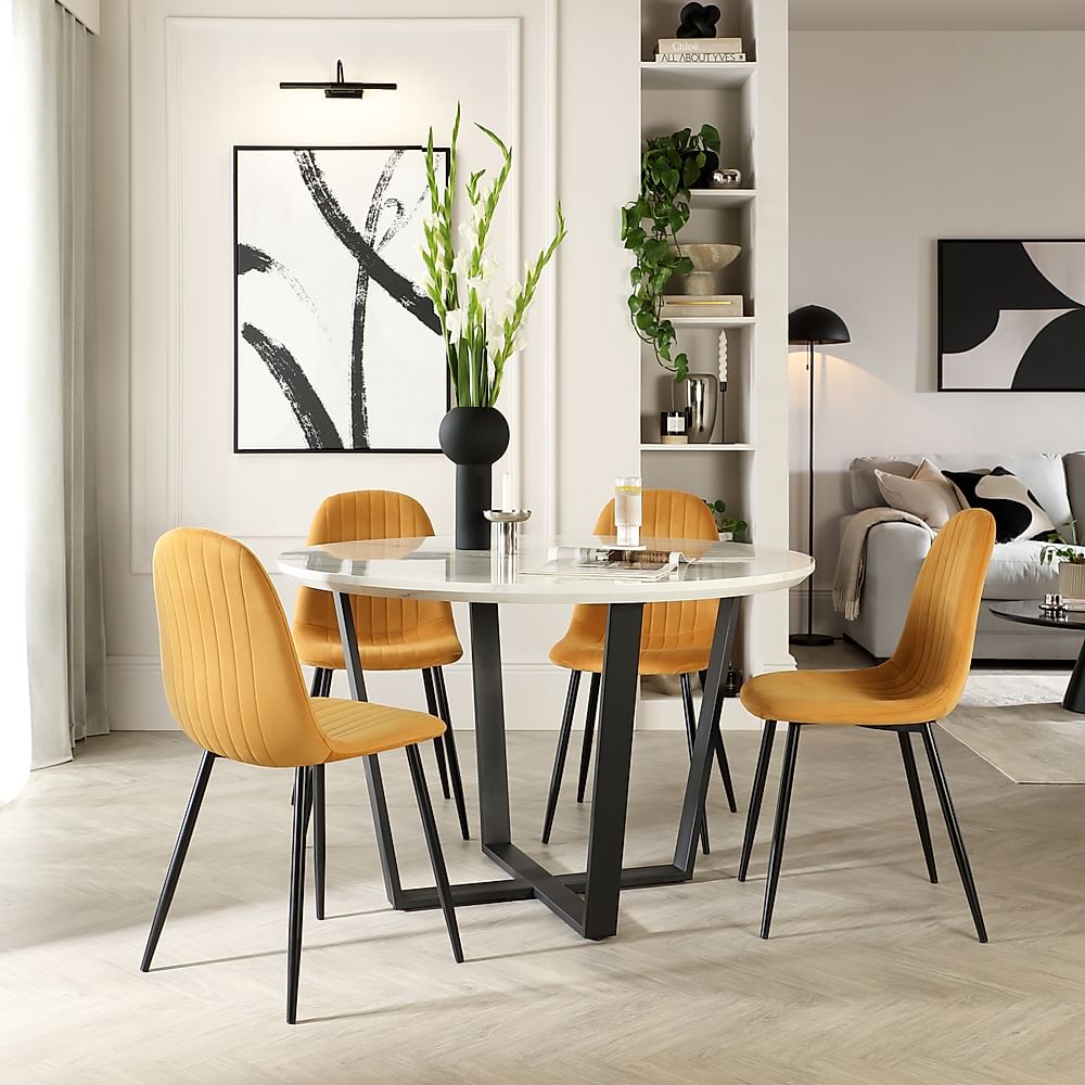 Traviso Round Dining Table & 4 Brooklyn Chairs, White Marble Effect & Black Steel, Mustard Classic Velvet, 120cm