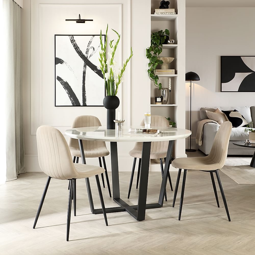 Traviso Round Dining Table & 4 Brooklyn Chairs, White Marble Effect & Black Steel, Champagne Classic Velvet, 120cm