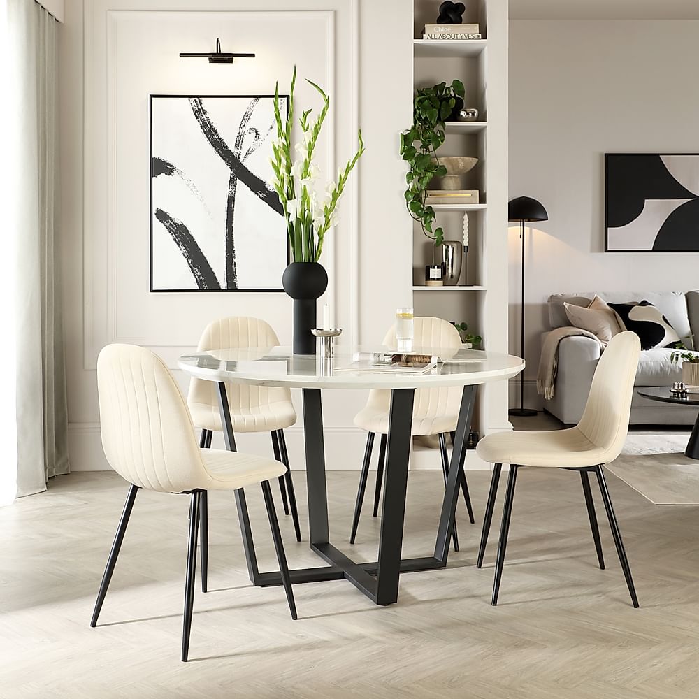 Traviso Round Dining Table & 4 Brooklyn Chairs, White Marble Effect & Black Steel, Ivory Classic Plush Fabric, 120cm