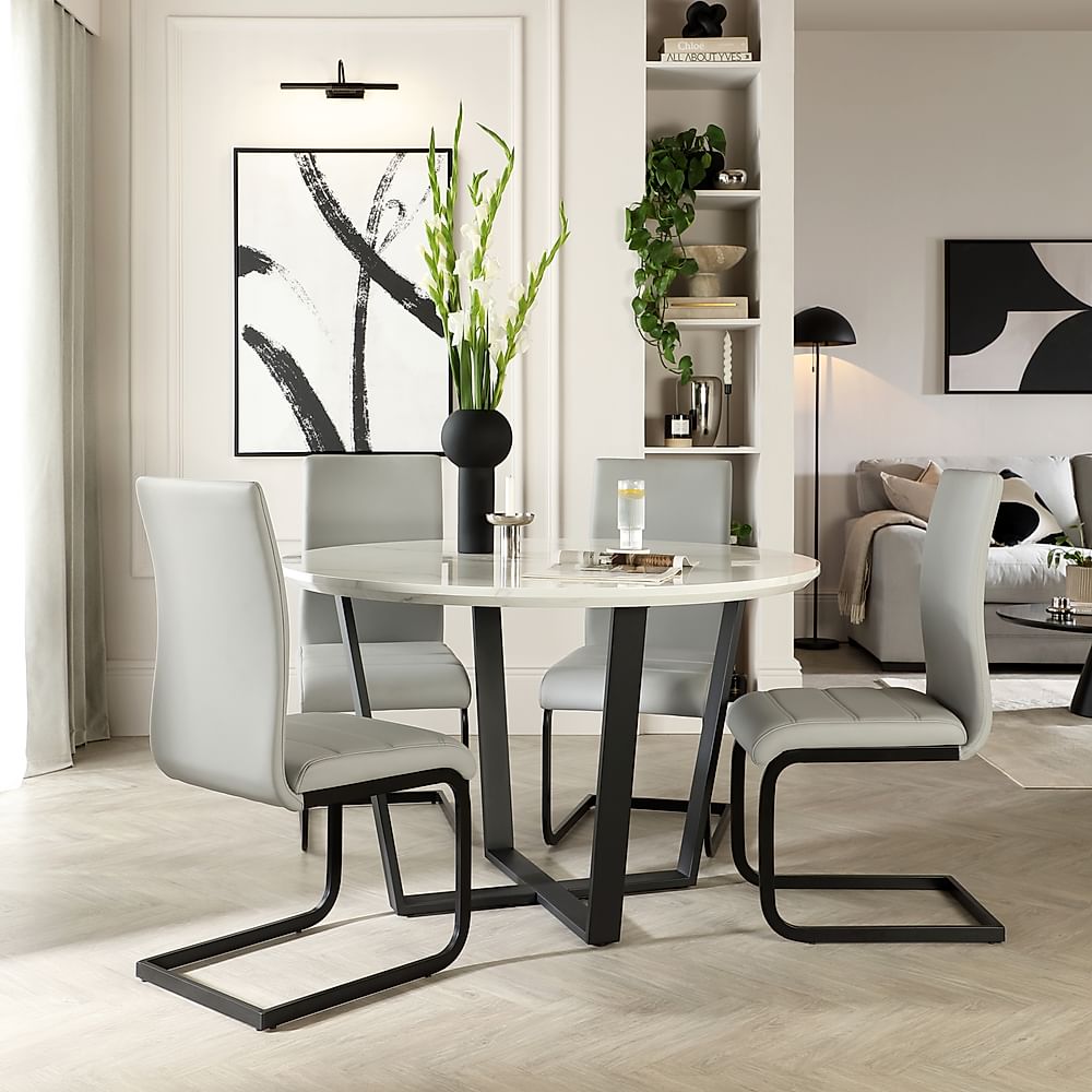 Traviso Round Dining Table & 4 Perth Chairs, White Marble Effect & Black Steel, Light Grey Premium Faux Leather, 120cm