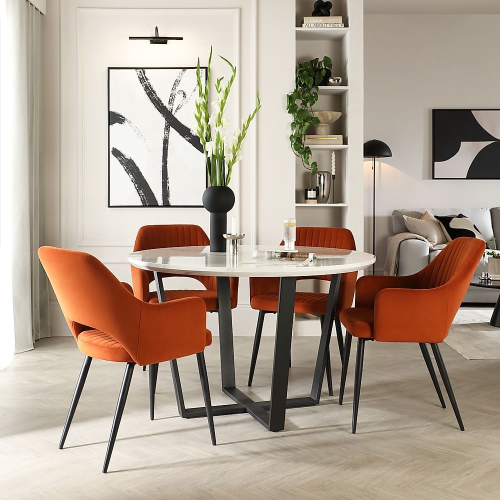 Traviso Round Dining Table & 4 Clara Chairs, White Marble Effect & Black Steel, Burnt Orange Classic Velvet, 120cm