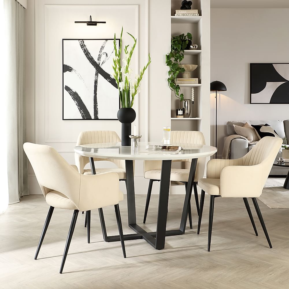 Traviso Round Dining Table & 4 Clara Chairs, White Marble Effect & Black Steel, Ivory Classic Plush Fabric, 120cm