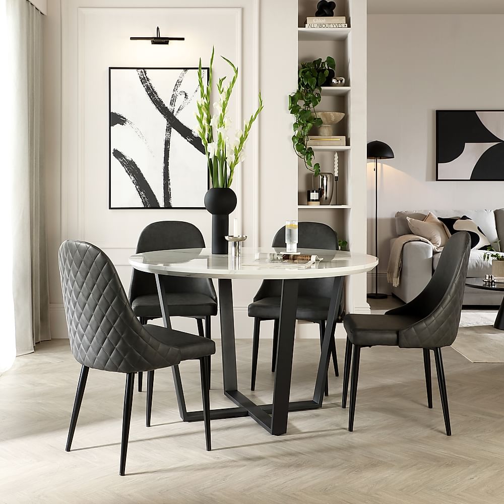 Traviso Round Dining Table & 4 Ricco Chairs, White Marble Effect & Black Steel, Vintage Grey Premium Faux Leather, 120cm