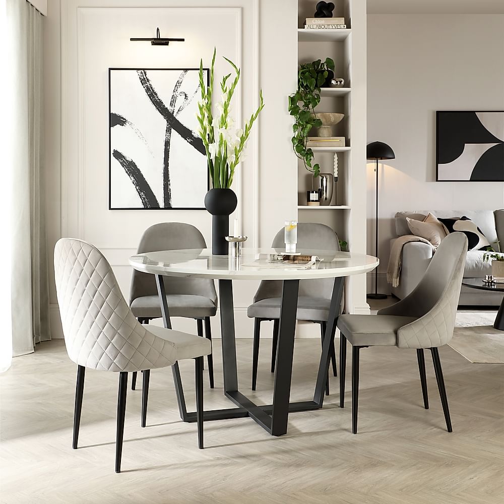 Traviso Round Dining Table & 4 Ricco Chairs, White Marble Effect & Black Steel, Grey Classic Velvet, 120cm