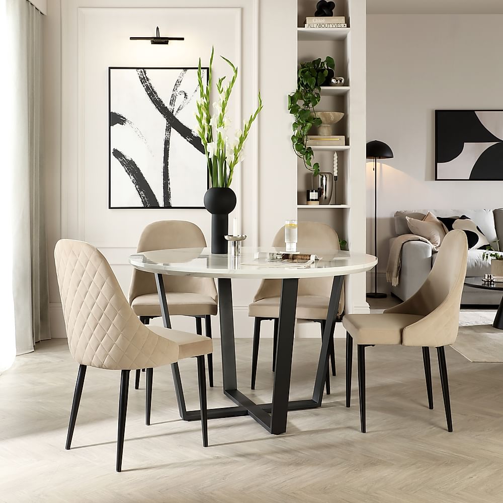 Traviso Round Dining Table & 4 Ricco Chairs, White Marble Effect & Black Steel, Champagne Classic Velvet, 120cm