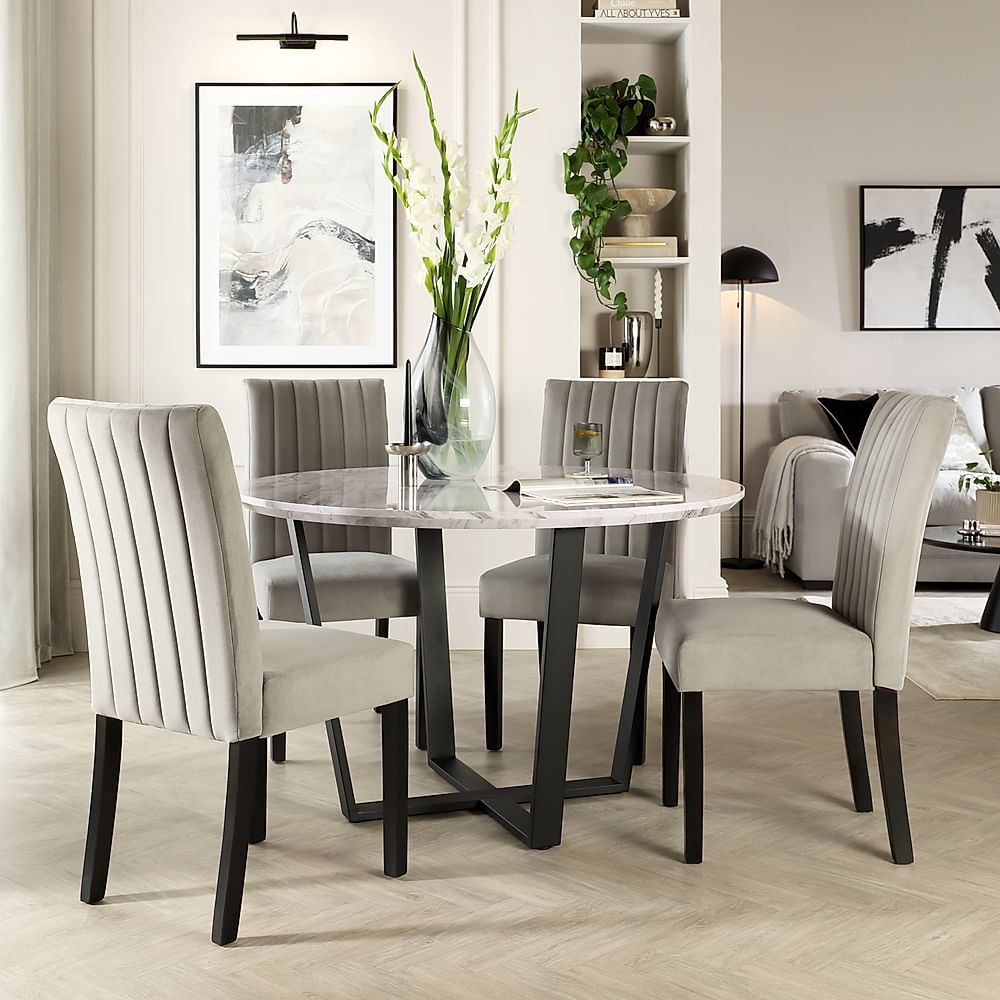 Traviso Round Dining Table & 4 Salisbury Chairs, Grey Marble Effect & Black Steel, Grey Classic Velvet & Black Solid Hardwood, 120cm