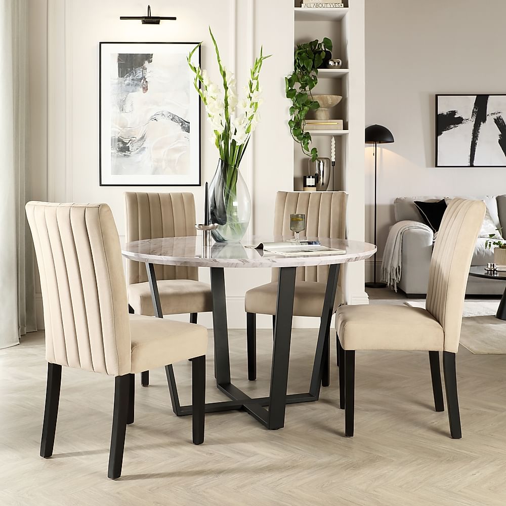 Traviso Round Dining Table & 4 Salisbury Chairs, Grey Marble Effect & Black Steel, Champagne Classic Velvet & Black Solid Hardwood, 120cm