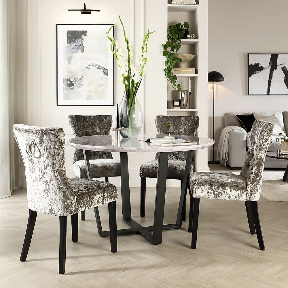 Traviso Round Dining Table & 4 Kensington Chairs, Grey Marble Effect & Black Steel, Silver Crushed Velvet & Black Solid Hardwood, 120cm