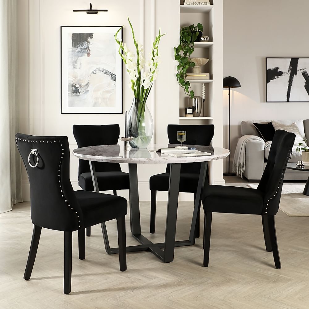 Traviso Round Dining Table & 4 Kensington Chairs, Grey Marble Effect & Black Steel, Black Classic Velvet & Black Solid Hardwood, 120cm