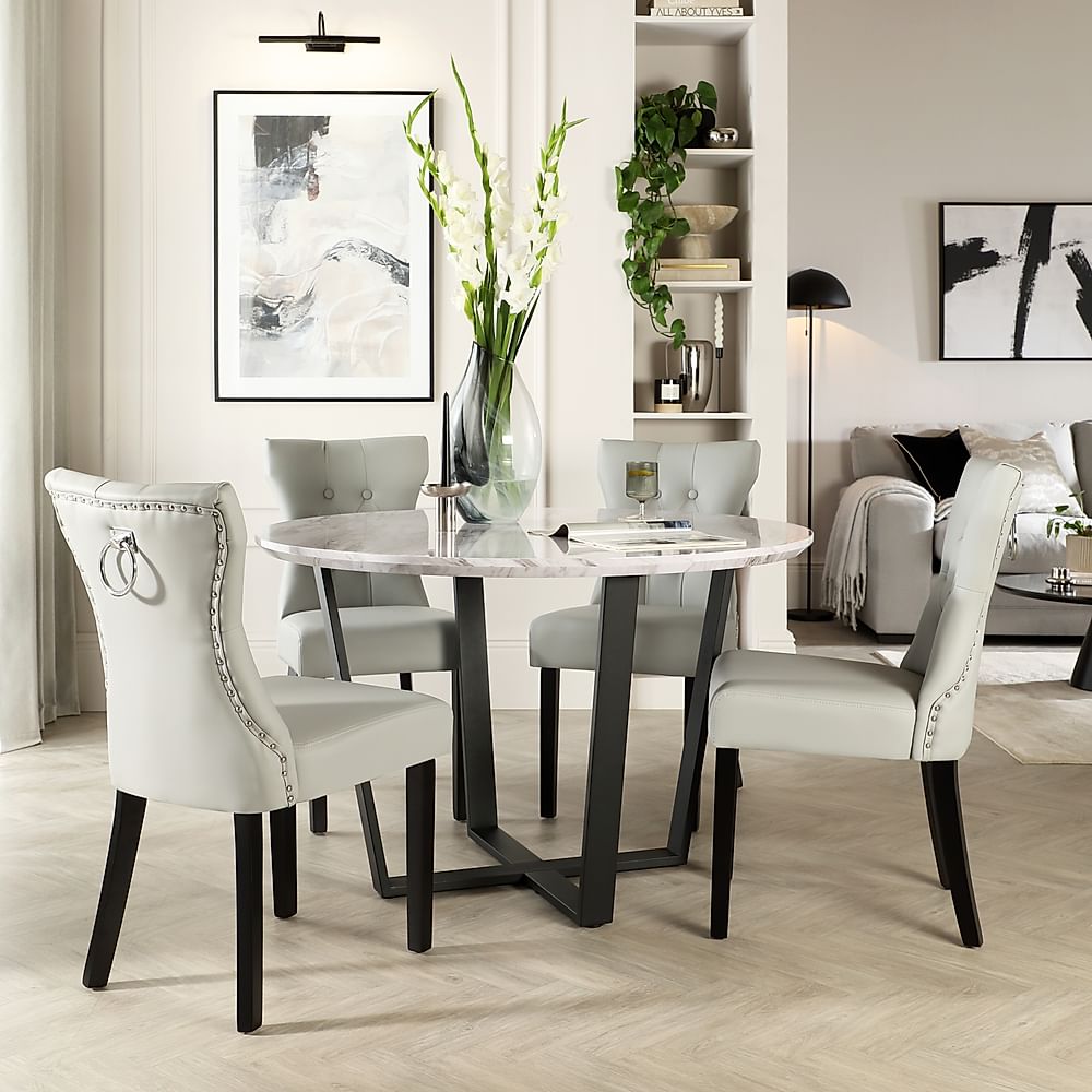 Traviso Round Dining Table & 4 Kensington Chairs, Grey Marble Effect & Black Steel, Light Grey Premium Faux Leather & Black Solid Hardwood, 120cm