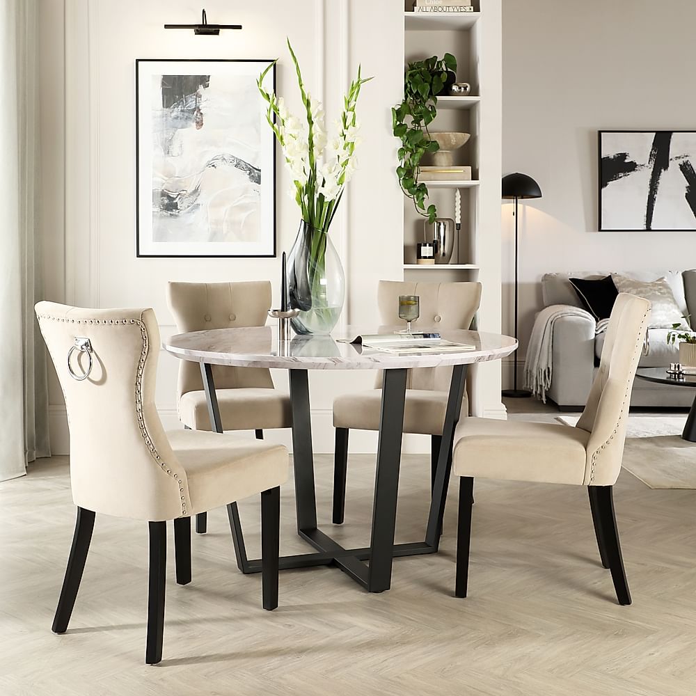 Traviso Round Dining Table & 4 Kensington Chairs, Grey Marble Effect & Black Steel, Champagne Classic Velvet & Black Solid Hardwood, 120cm