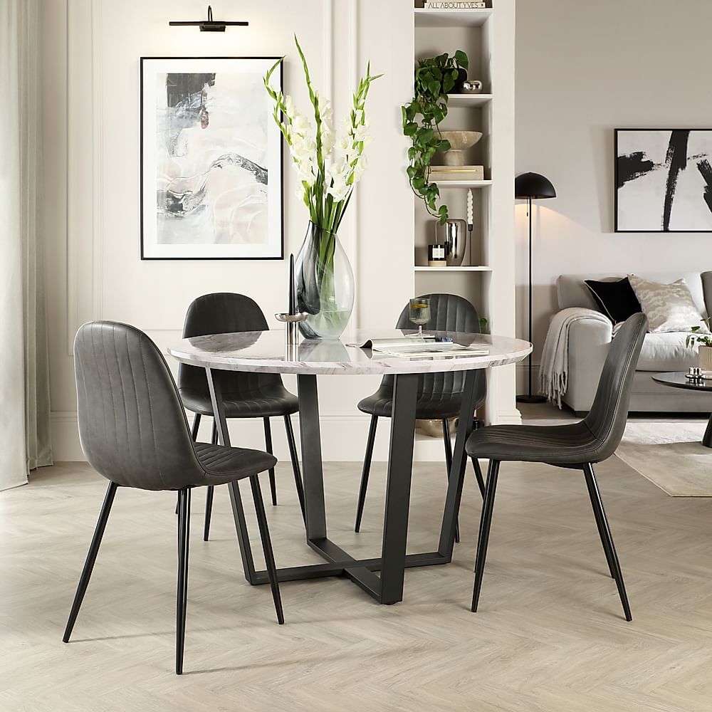 Traviso Round Dining Table & 4 Brooklyn Chairs, Grey Marble Effect & Black Steel, Vintage Grey Premium Faux Leather, 120cm