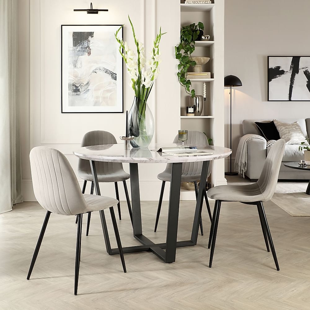 Traviso Round Dining Table & 4 Brooklyn Chairs, Grey Marble Effect & Black Steel, Grey Classic Velvet, 120cm