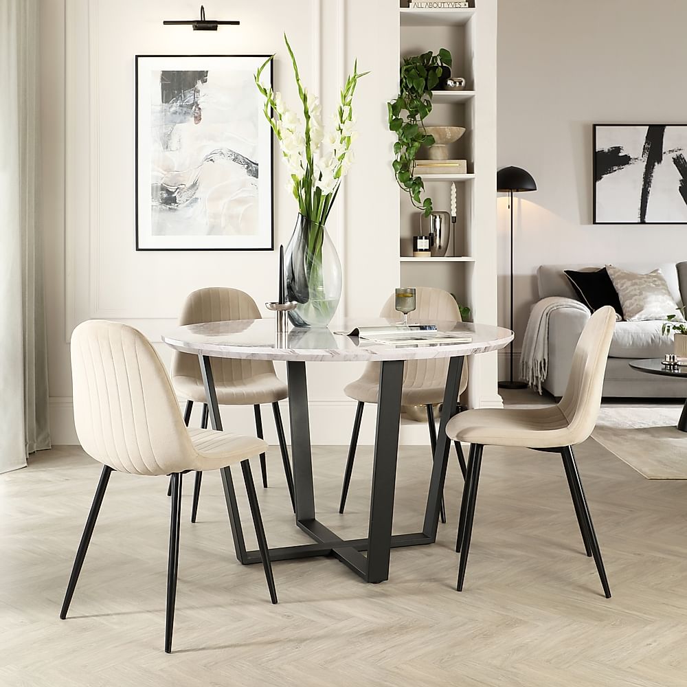 Traviso Round Dining Table & 4 Brooklyn Chairs, Grey Marble Effect & Black Steel, Champagne Classic Velvet, 120cm