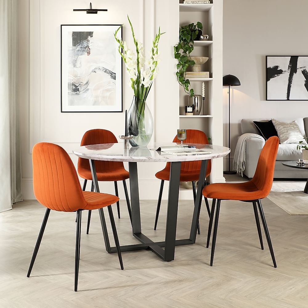 Traviso Round Dining Table & 4 Brooklyn Chairs, Grey Marble Effect & Black Steel, Burnt Orange Classic Velvet, 120cm