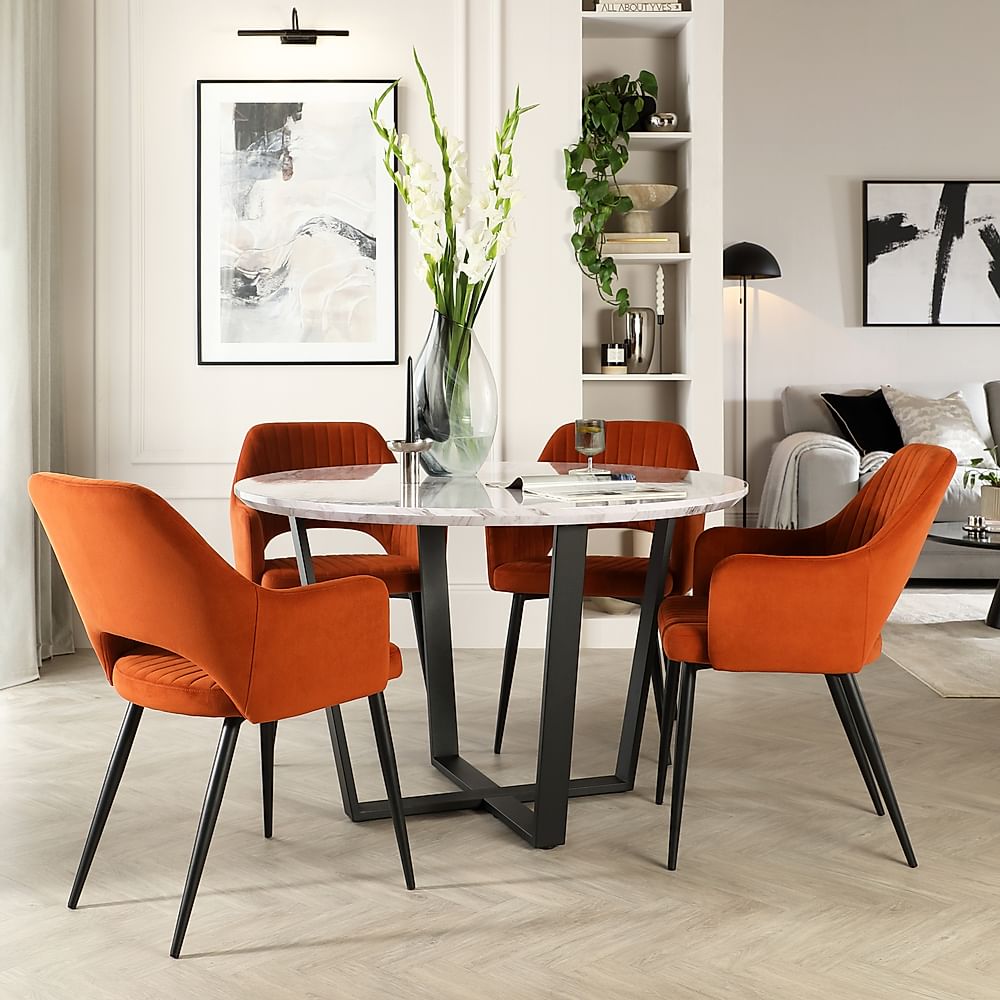 Traviso Round Dining Table & 4 Clara Chairs, Grey Marble Effect & Black Steel, Burnt Orange Classic Velvet, 120cm