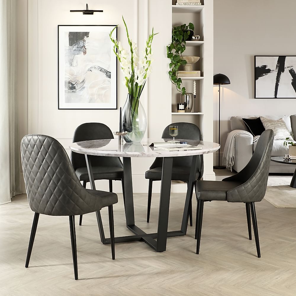 Traviso Round Dining Table & 4 Ricco Chairs, Grey Marble Effect & Black Steel, Vintage Grey Premium Faux Leather, 120cm