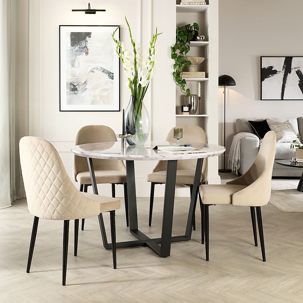 Traviso Round Dining Table & 4 Ricco Chairs, Grey Marble Effect & Black Steel, Champagne Classic Velvet, 120cm