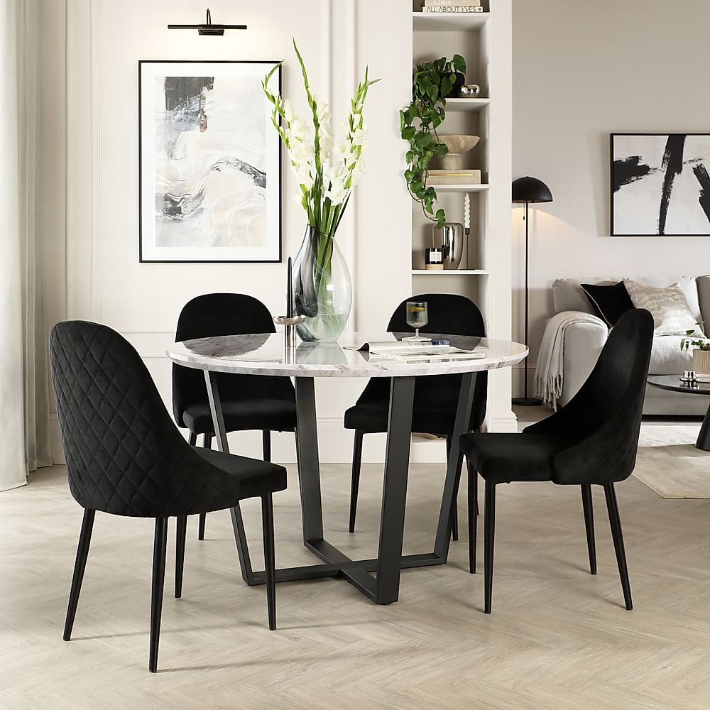 Traviso Round Dining Table & 4 Ricco Chairs, Grey Marble Effect & Black Steel, Black Classic Velvet, 120cm