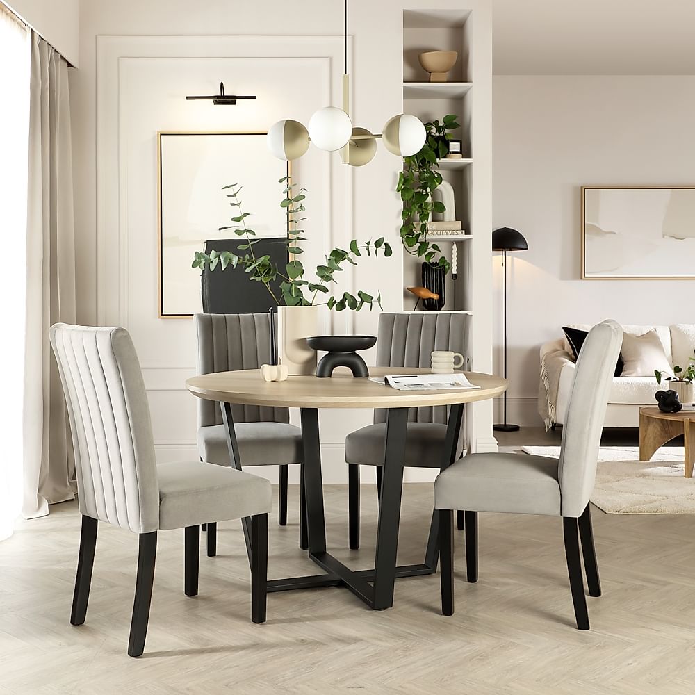 Traviso Round Dining Table & 4 Salisbury Chairs, Light Oak Effect & Black Steel, Grey Classic Velvet & Black Solid Hardwood, 120cm