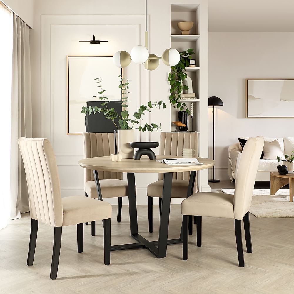 Traviso Round Dining Table & 4 Salisbury Chairs, Light Oak Effect & Black Steel, Champagne Classic Velvet & Black Solid Hardwood, 120cm