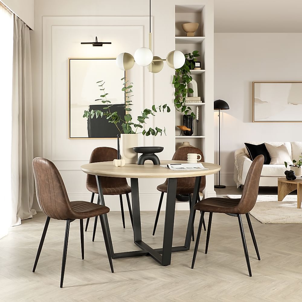 Traviso Round Dining Table & 4 Brooklyn Chairs, Light Oak Effect & Black Steel, Vintage Brown Classic Faux Leather, 120cm