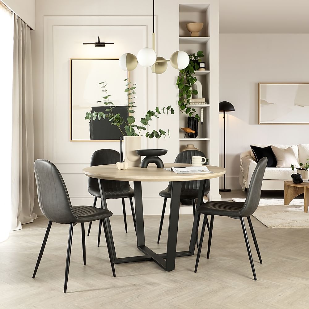 Traviso Round Dining Table & 4 Brooklyn Chairs, Light Oak Effect & Black Steel, Vintage Grey Premium Faux Leather, 120cm