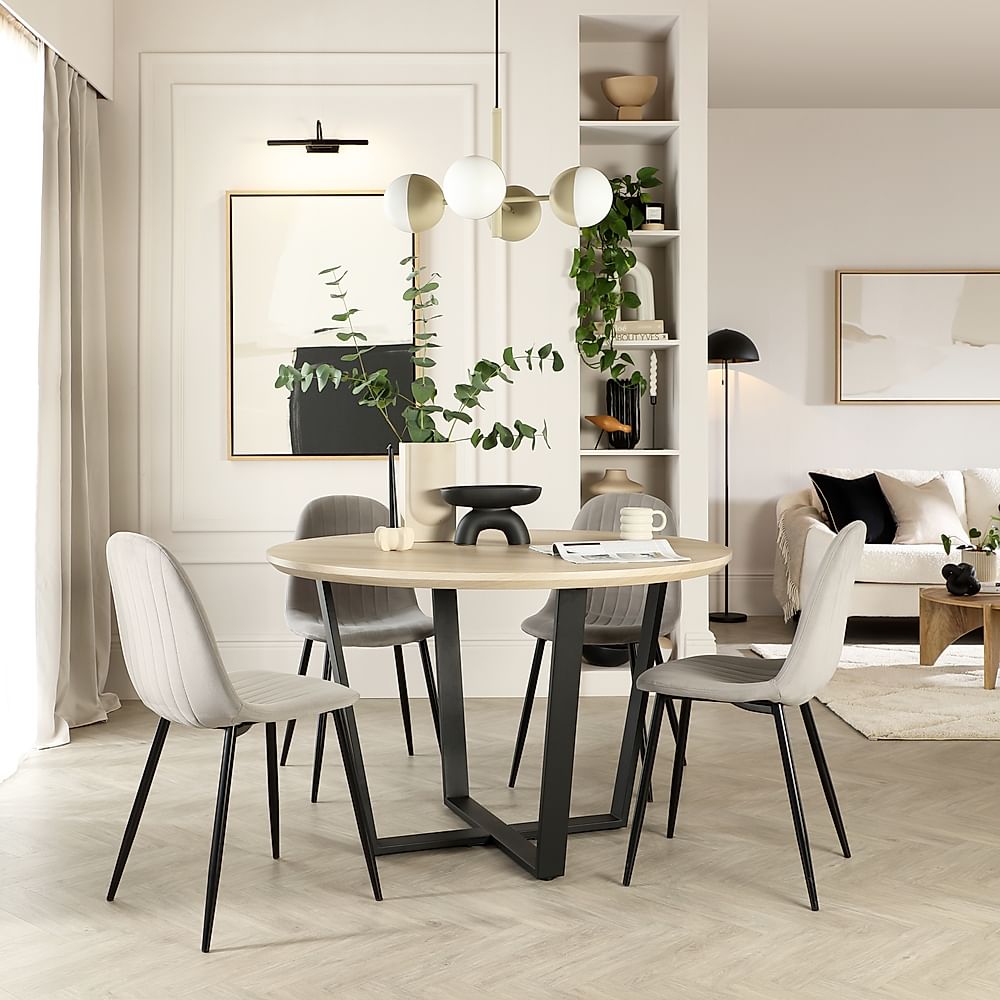 Traviso Round Dining Table & 4 Brooklyn Chairs, Light Oak Effect & Black Steel, Grey Classic Velvet, 120cm