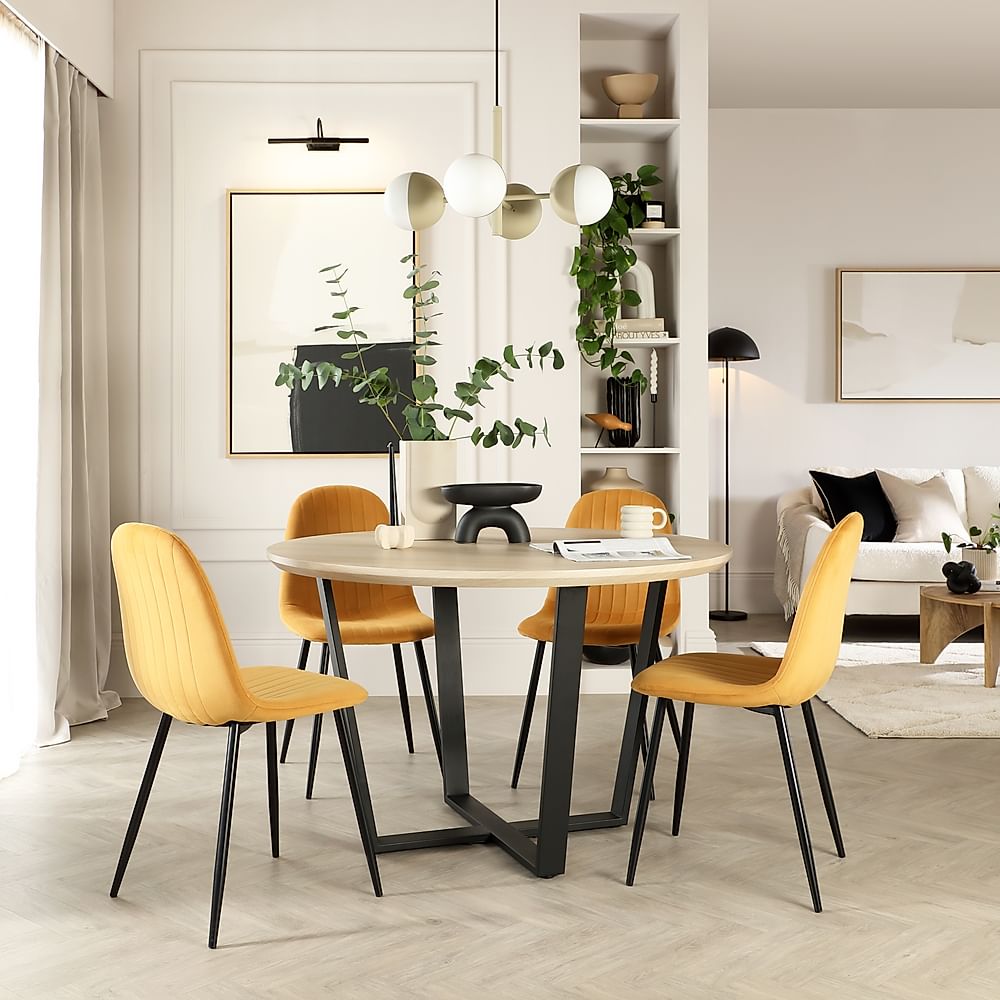 Traviso Round Dining Table & 4 Brooklyn Chairs, Light Oak Effect & Black Steel, Mustard Classic Velvet, 120cm