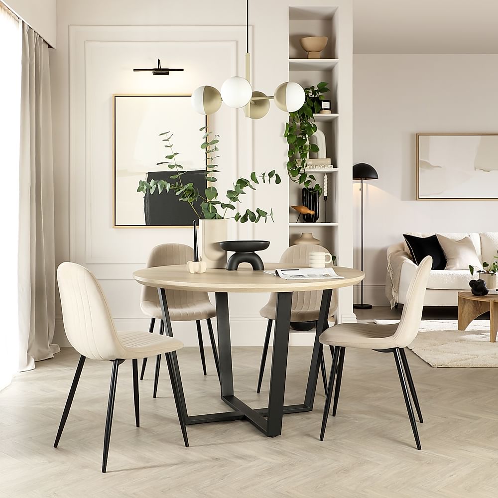 Traviso Round Dining Table & 4 Brooklyn Chairs, Light Oak Effect & Black Steel, Champagne Classic Velvet, 120cm