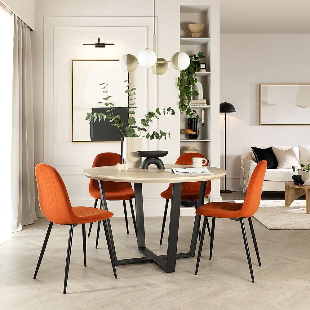 Traviso Round Dining Table & 4 Brooklyn Chairs, Light Oak Effect & Black Steel, Burnt Orange Classic Velvet, 120cm