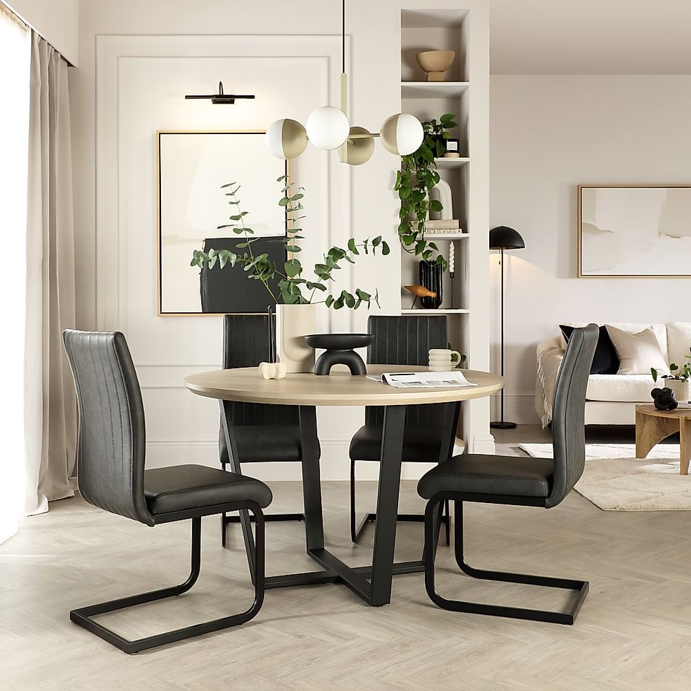 Traviso Round Dining Table & 4 Perth Chairs, Light Oak Effect & Black Steel, Vintage Grey Premium Faux Leather, 120cm