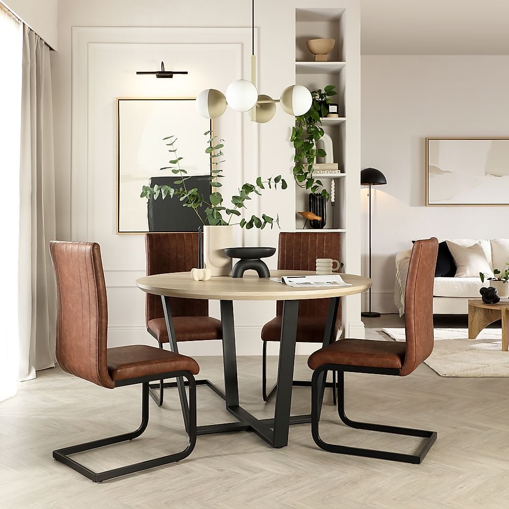 Traviso Round Dining Table & 4 Perth Chairs, Light Oak Effect & Black Steel, Tan Premium Faux Leather, 120cm