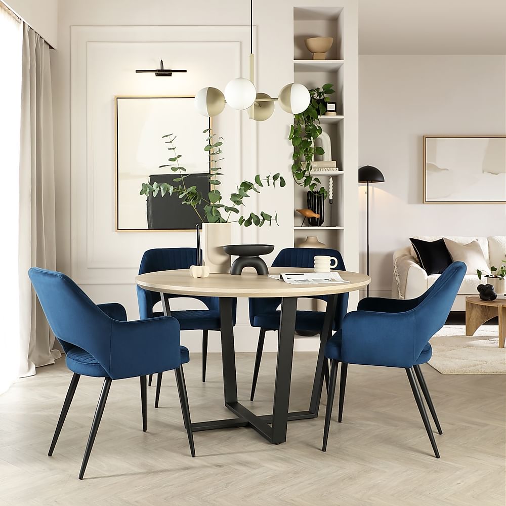 Traviso Round Dining Table & 4 Clara Chairs, Light Oak Effect & Black Steel, Blue Classic Velvet, 120cm