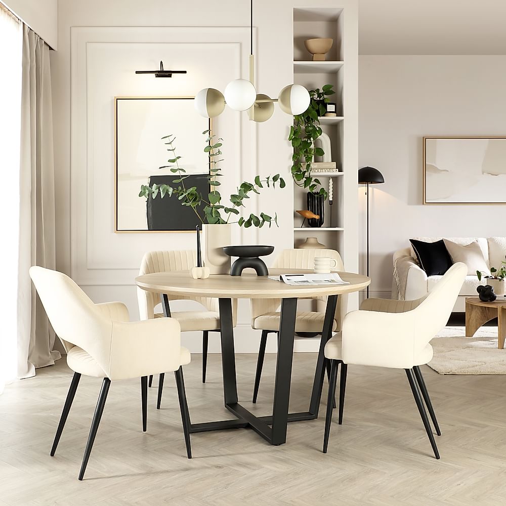 Traviso Round Dining Table & 4 Clara Chairs, Light Oak Effect & Black Steel, Ivory Classic Plush Fabric, 120cm