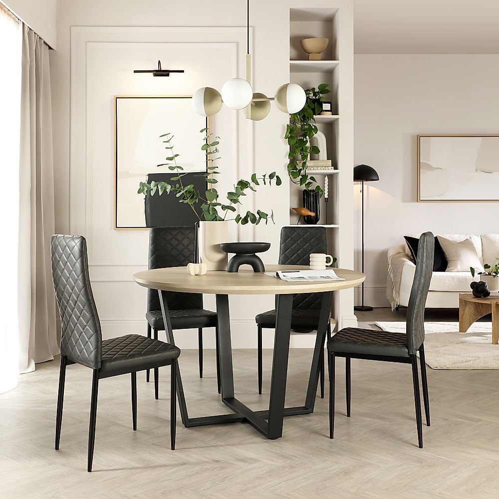 Traviso Round Dining Table & 4 Renzo Chairs, Light Oak Effect & Black Steel, Vintage Grey Premium Faux Leather, 120cm