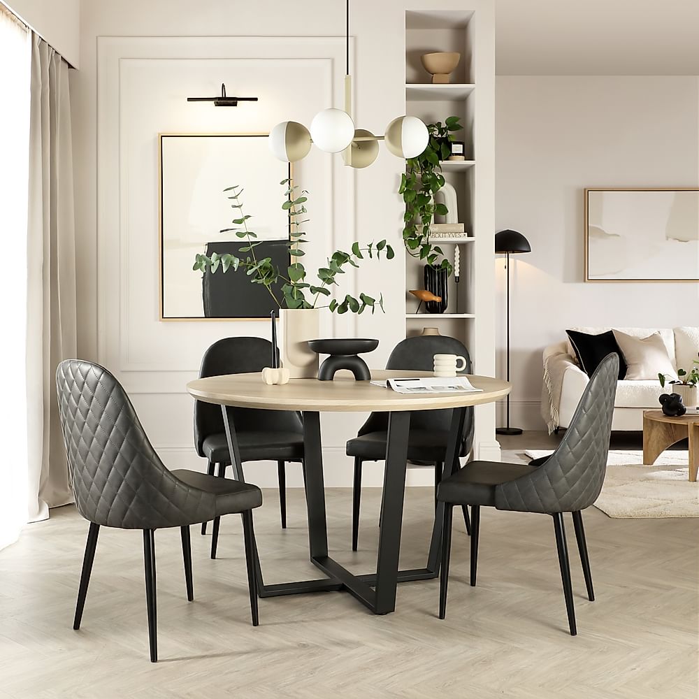 Traviso Round Dining Table & 4 Ricco Chairs, Light Oak Effect & Black Steel, Vintage Grey Premium Faux Leather, 120cm