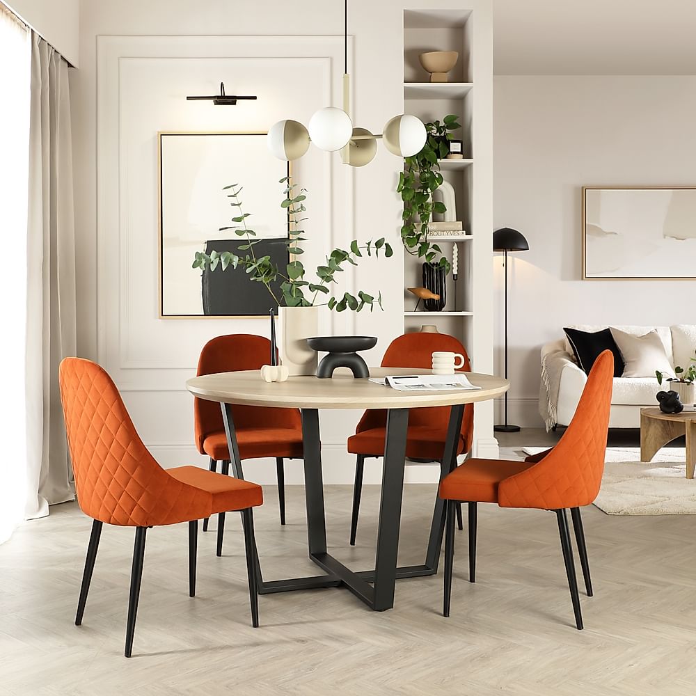 Traviso Round Dining Table & 4 Ricco Chairs, Light Oak Effect & Black Steel, Burnt Orange Classic Velvet, 120cm