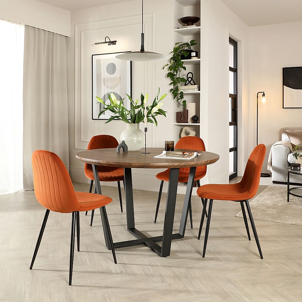 Traviso Round Dining Table & 4 Brooklyn Chairs, Industrial Walnut Effect & Black Steel, Burnt Orange Classic Velvet, 120cm