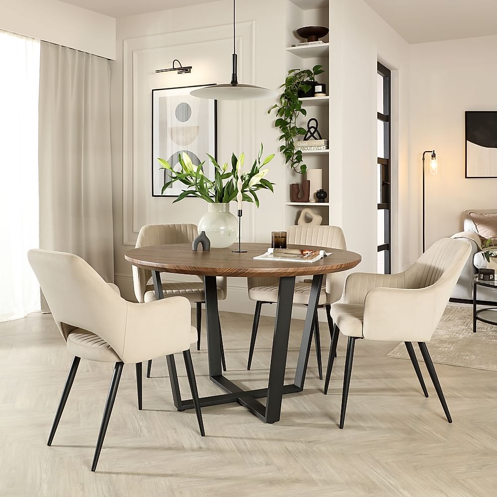 Traviso Round Dining Table & 4 Clara Chairs, Industrial Walnut Effect & Black Steel, Champagne Classic Velvet, 120cm