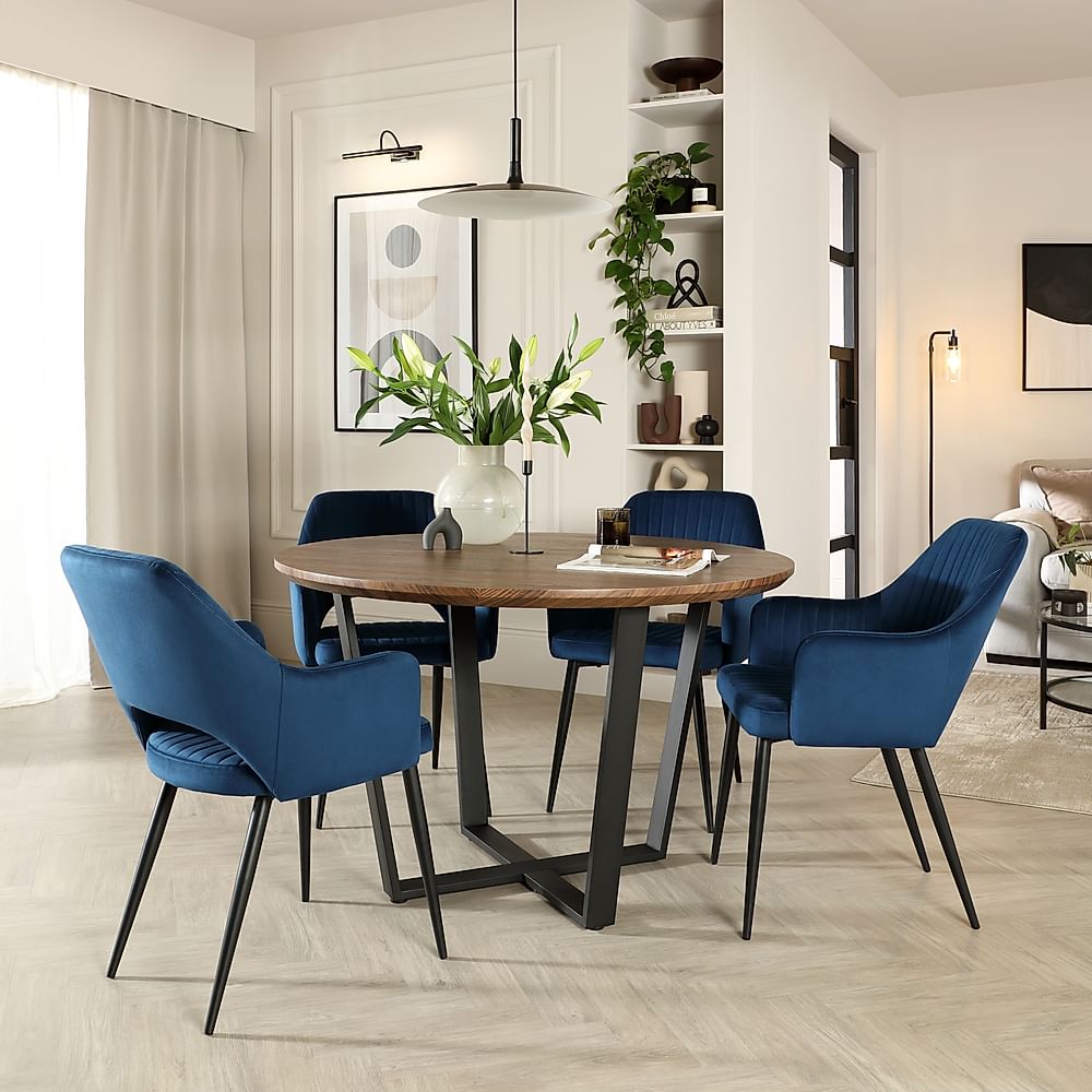 Traviso Round Dining Table & 4 Clara Chairs, Industrial Walnut Effect & Black Steel, Blue Classic Velvet, 120cm