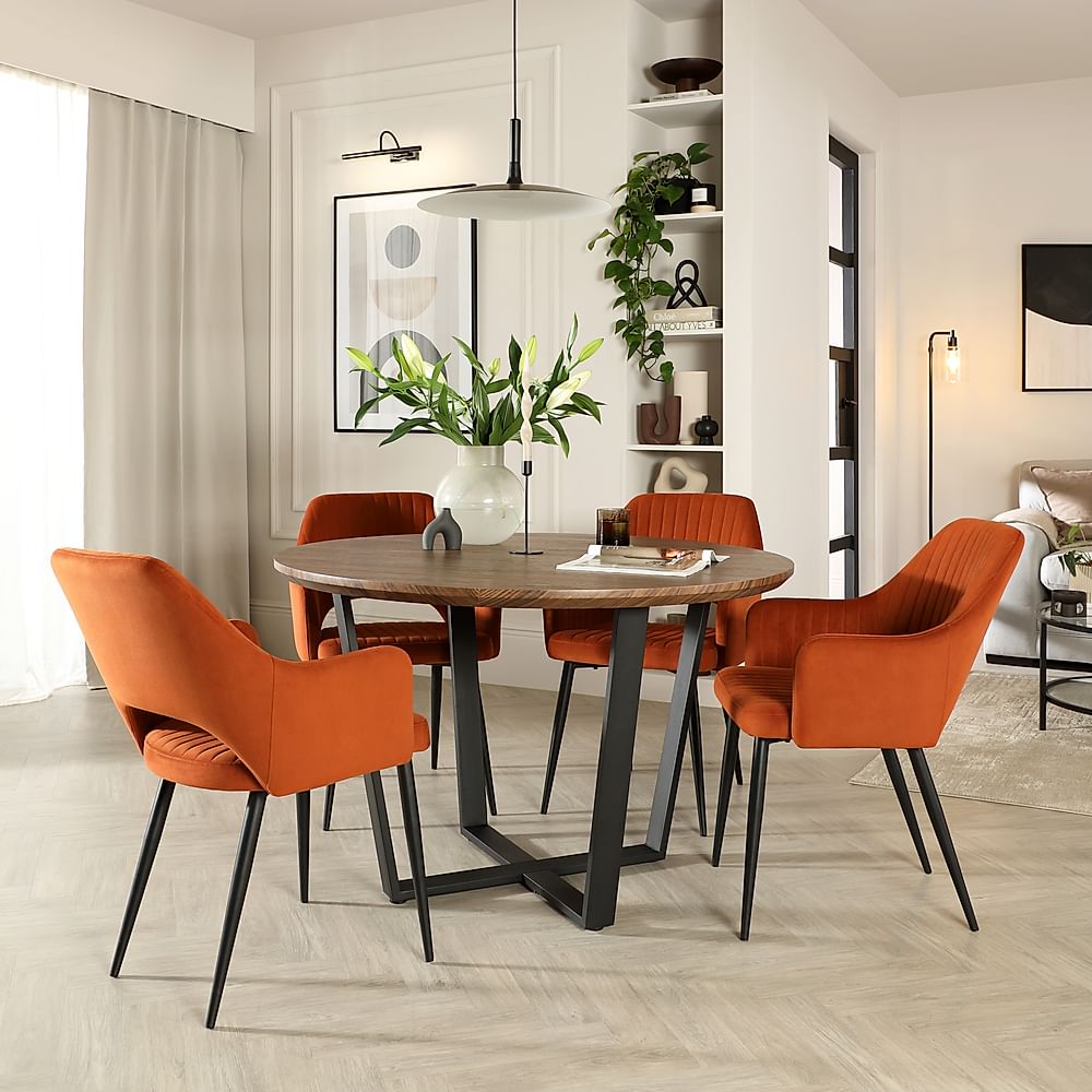 Traviso Round Dining Table & 4 Clara Chairs, Industrial Walnut Effect & Black Steel, Burnt Orange Classic Velvet, 120cm