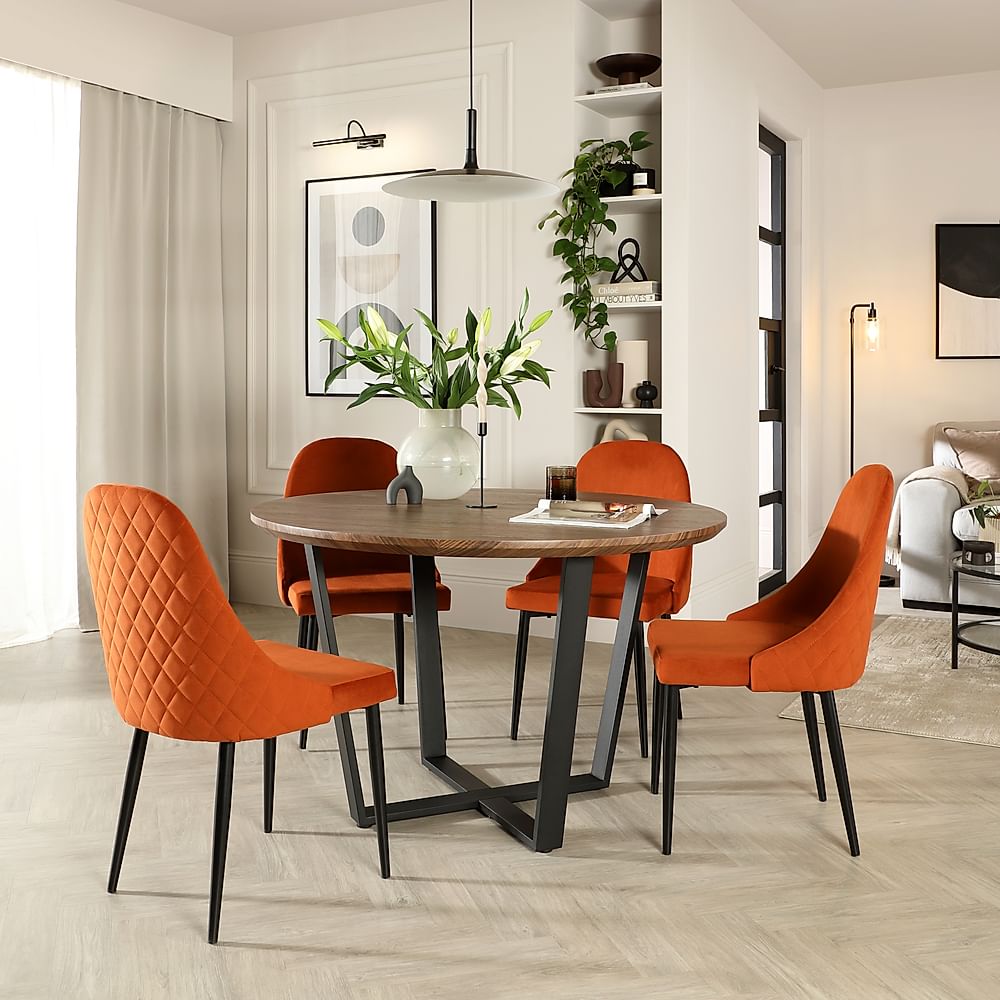 Traviso Round Dining Table & 4 Ricco Chairs, Industrial Walnut Effect & Black Steel, Burnt Orange Classic Velvet, 120cm