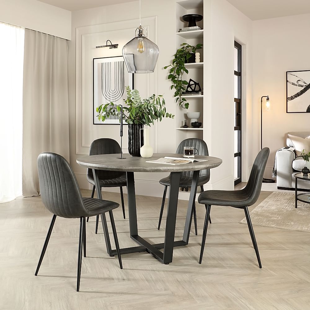 Traviso Round Dining Table & 4 Brooklyn Chairs, Industrial Concrete Effect & Black Steel, Vintage Grey Premium Faux Leather, 120cm