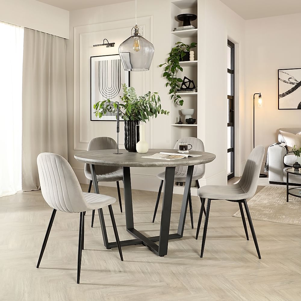 Traviso Round Dining Table & 4 Brooklyn Chairs, Industrial Concrete Effect & Black Steel, Grey Classic Velvet, 120cm