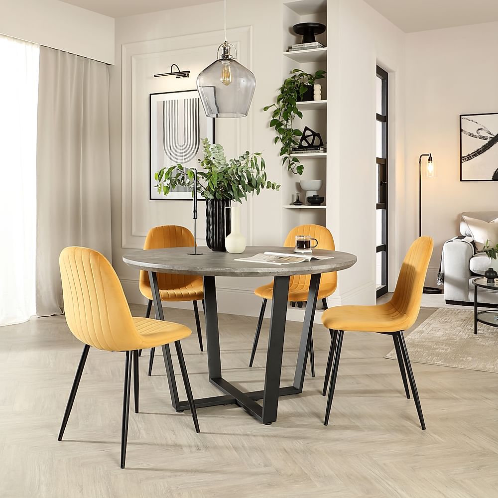 Traviso Round Dining Table & 4 Brooklyn Chairs, Industrial Concrete Effect & Black Steel, Mustard Classic Velvet, 120cm