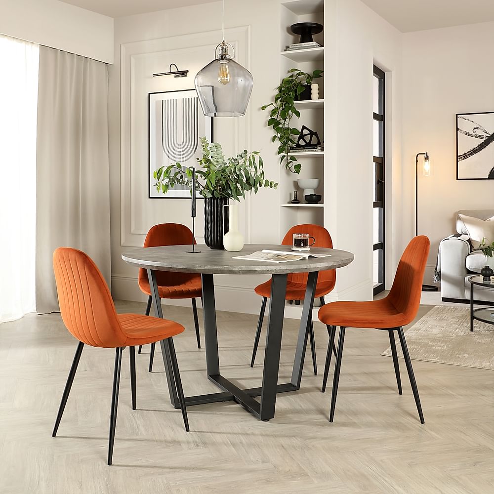 Traviso Round Dining Table & 4 Brooklyn Chairs, Industrial Concrete Effect & Black Steel, Burnt Orange Classic Velvet, 120cm