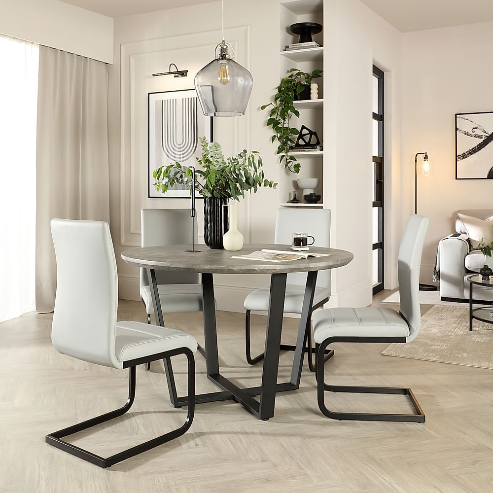 Traviso Round Dining Table & 4 Perth Chairs, Industrial Concrete Effect & Black Steel, Light Grey Premium Faux Leather, 120cm